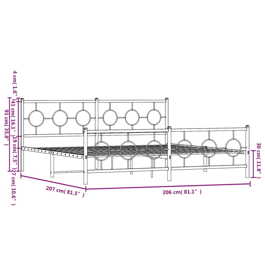 Bedframe met hoofd- en voeteneinde metaal zwart 200x200 cm