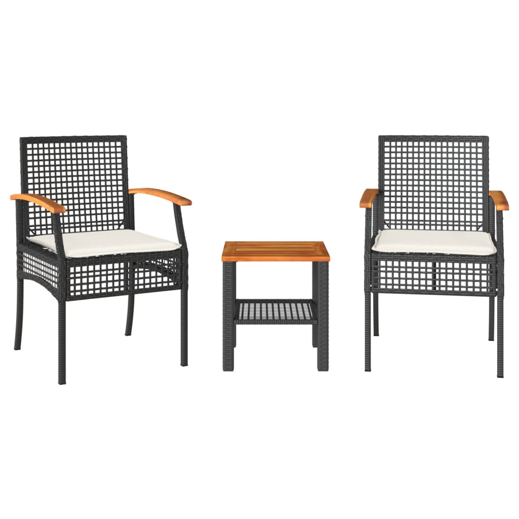 3-Delige Bistroset Met Kussens Poly Rattan En Acaciahout Zwart