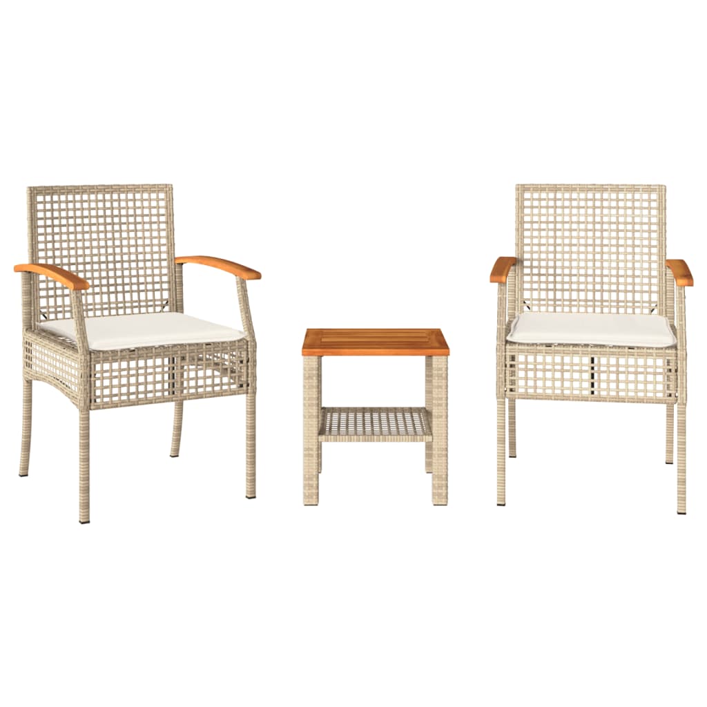 3-Delige Bistroset Met Kussens Poly Rattan En Acaciahout Beige