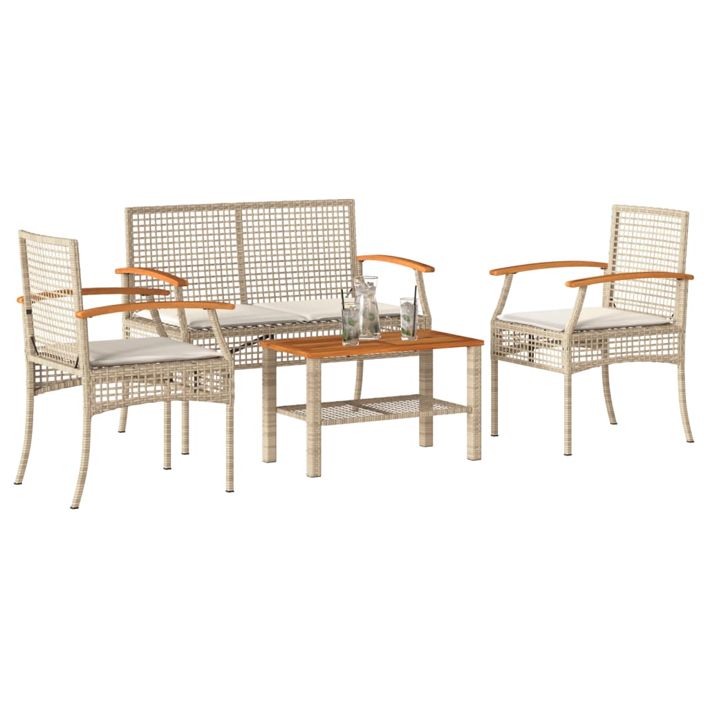 4-Delige Loungeset Met Kussens Poly Rattan Beige