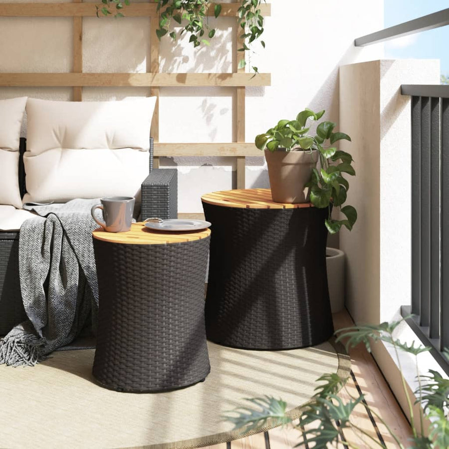 Tuinbijzettafels 2 St Met Houten Blad Poly Rattan Zwart Dichtgeweven