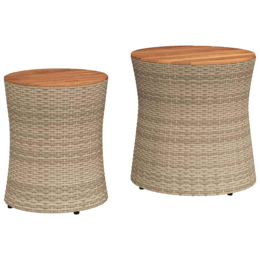 Tuinbijzettafels 2 St Met Houten Blad Poly Rattan Beige Dichtgeweven