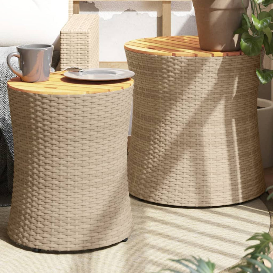Tuinbijzettafels 2 St Met Houten Blad Poly Rattan Beige Dichtgeweven