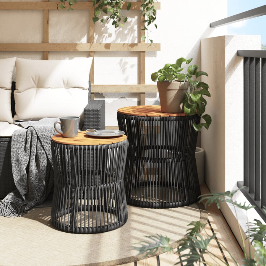 Tuinbijzettafels 2 St Met Houten Blad Poly Rattan Zwart Lijngeweven
