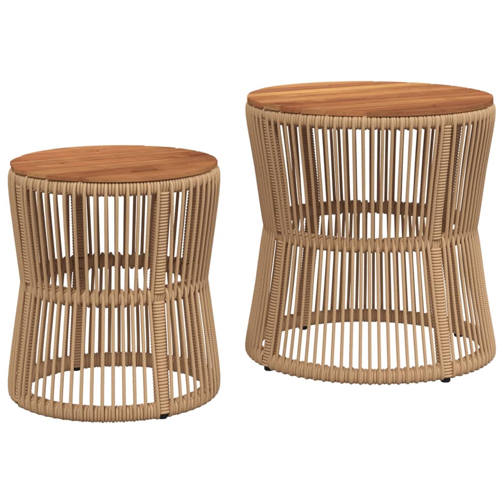 Tuinbijzettafels 2 St Met Houten Blad Poly Rattan Beige Lijngeweven