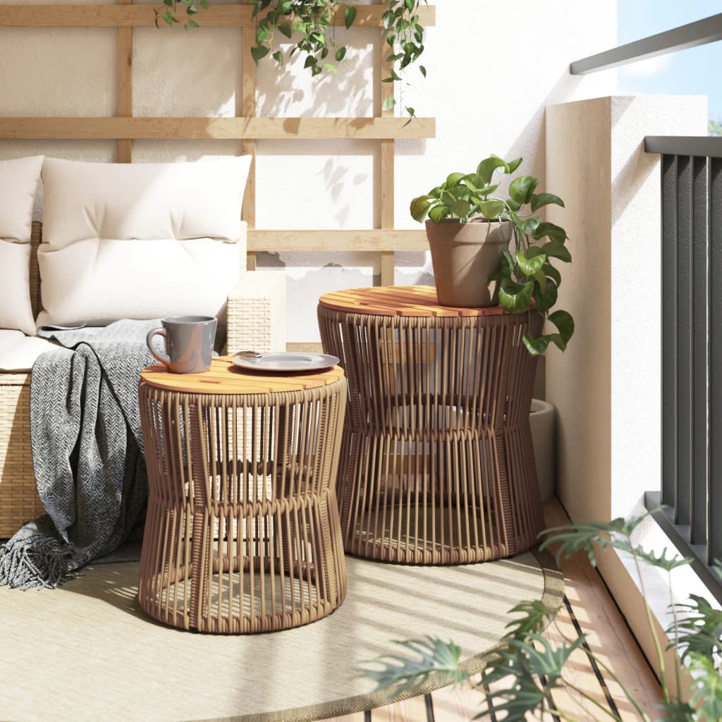 Tuinbijzettafels 2 St Met Houten Blad Poly Rattan Beige Lijngeweven