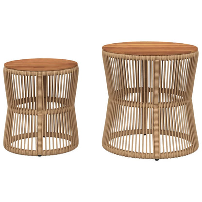 Tuinbijzettafels 2 St Met Houten Blad Poly Rattan Beige Lijngeweven