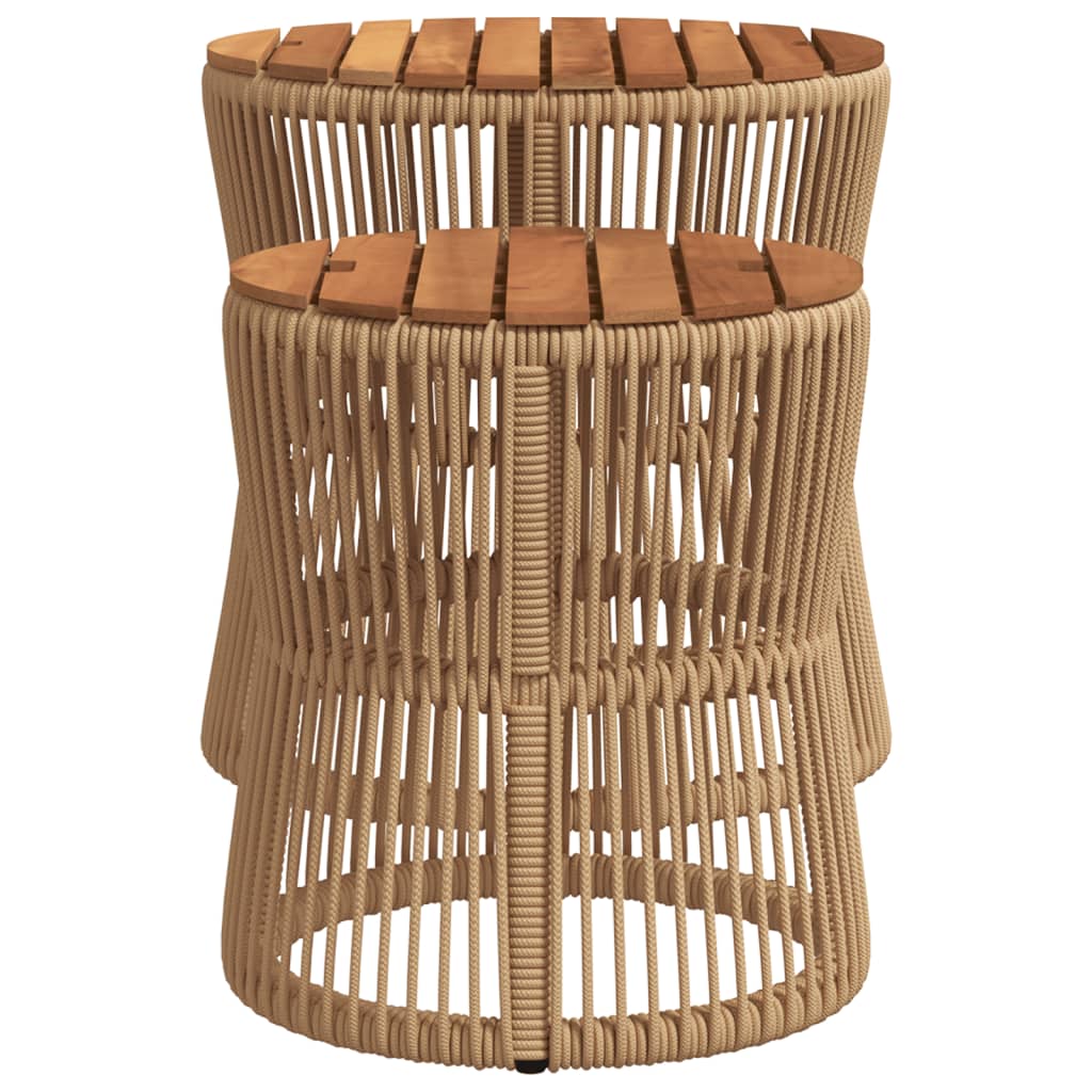 Tuinbijzettafels 2 St Met Houten Blad Poly Rattan Beige Lijngeweven