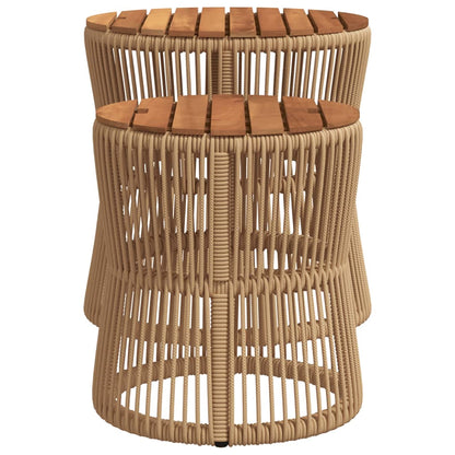 Tuinbijzettafels 2 St Met Houten Blad Poly Rattan Beige Lijngeweven