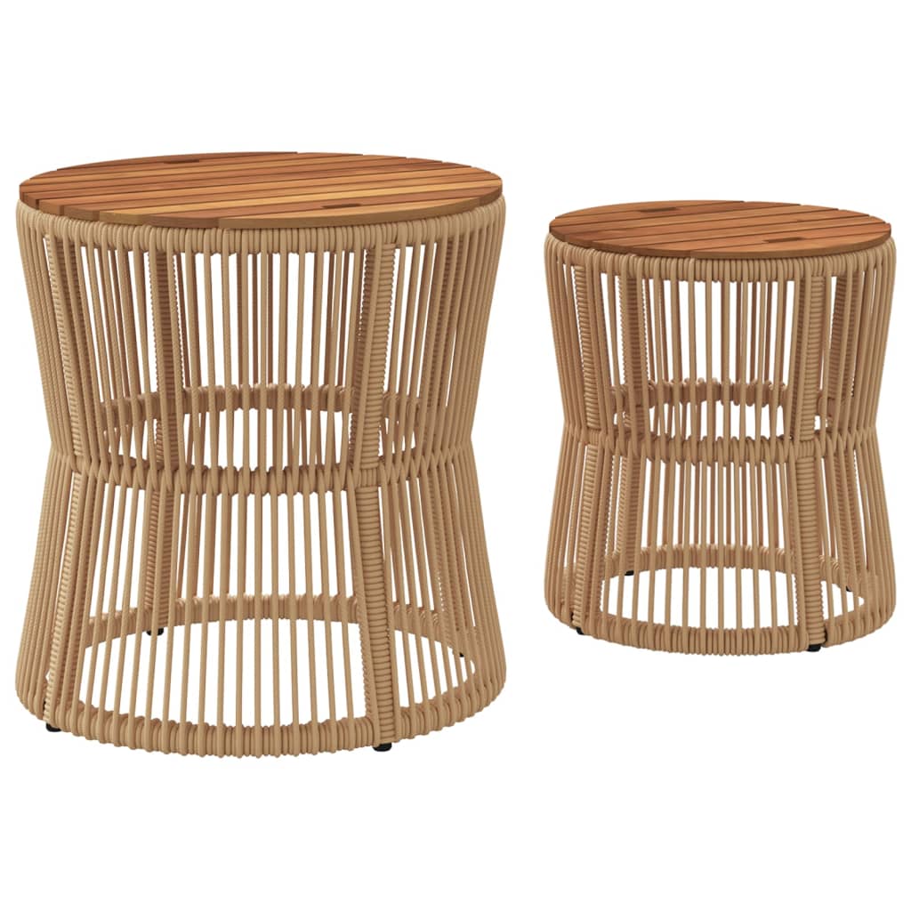 Tuinbijzettafels 2 St Met Houten Blad Poly Rattan Beige Lijngeweven