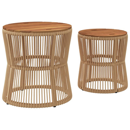 Tuinbijzettafels 2 St Met Houten Blad Poly Rattan Beige Lijngeweven