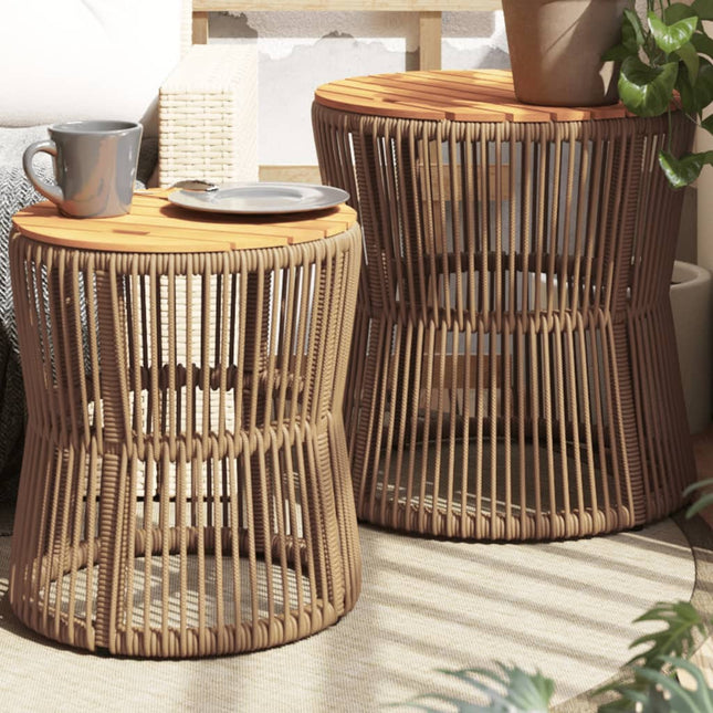 Tuinbijzettafels 2 St Met Houten Blad Poly Rattan Beige Lijngeweven