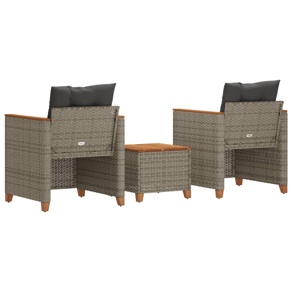 3-Delige Bistroset Met Kussens Poly Rattan En Acaciahout Grijs