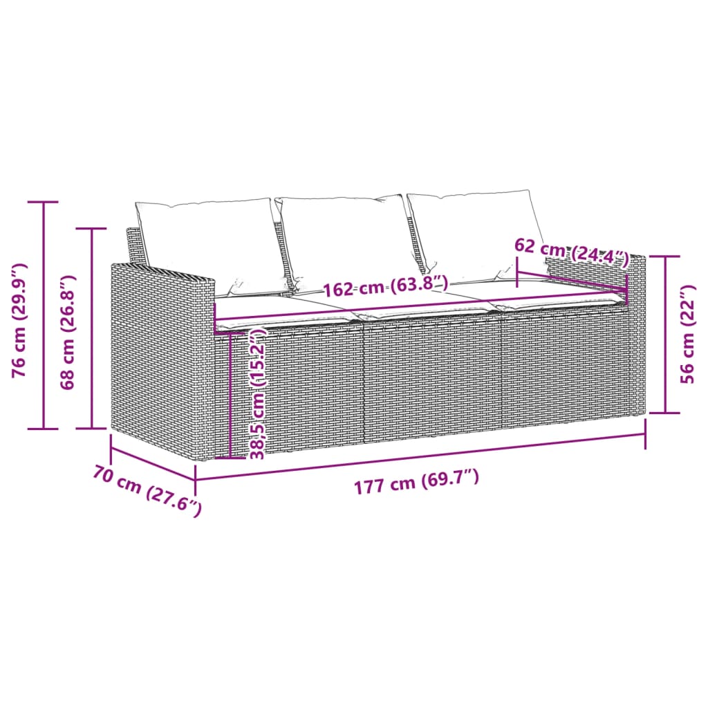 Tuinbank 3-Zits Met Kussens Poly Rattan beige en crèmewit
