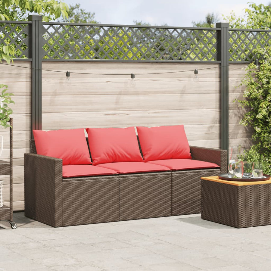 Tuinbank 3-zits met kussens poly rattan bruin