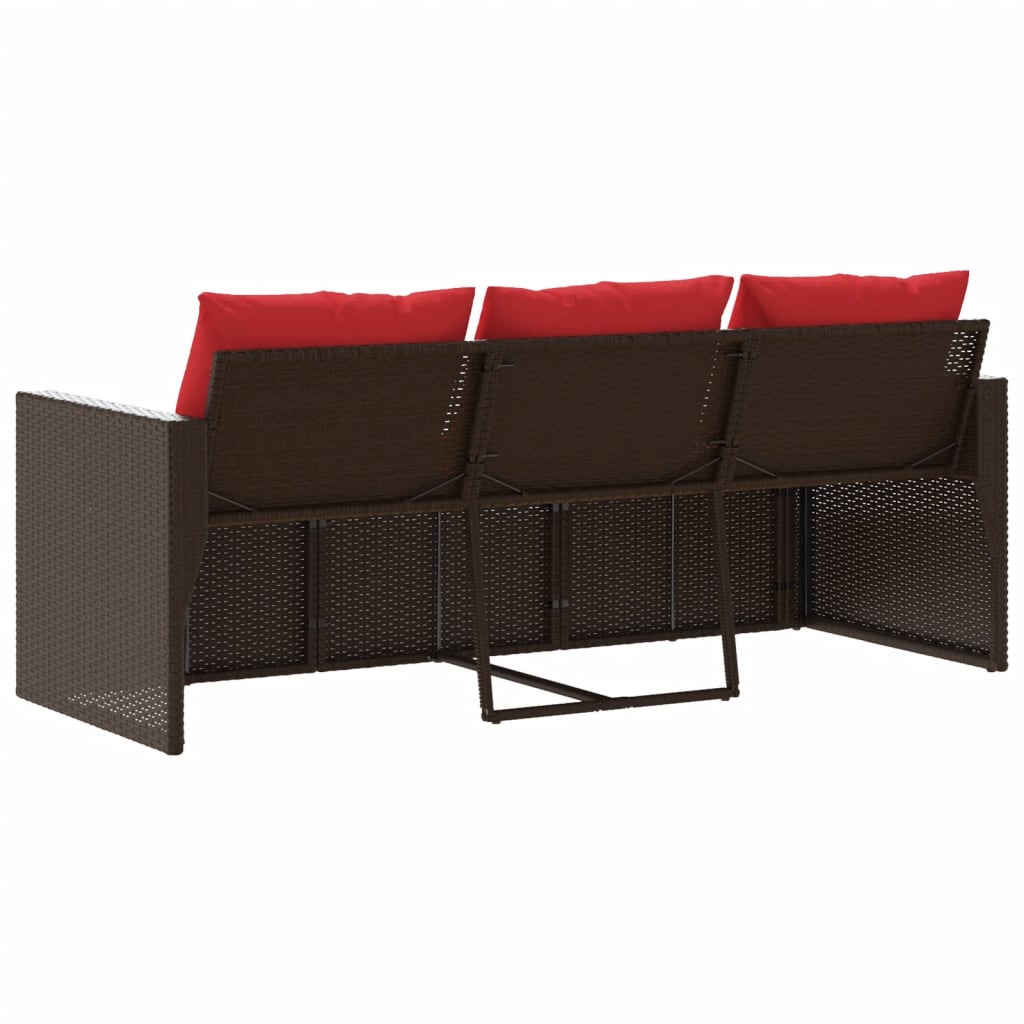 Tuinbank 3-zits met kussens poly rattan bruin