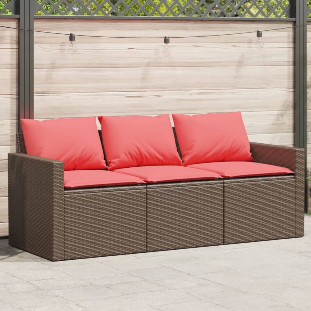 Tuinbank 3-zits met kussens poly rattan bruin