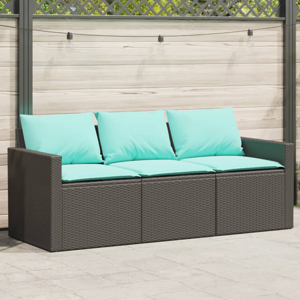 Tuinbank 3-zits met kussens poly rattan zwart
