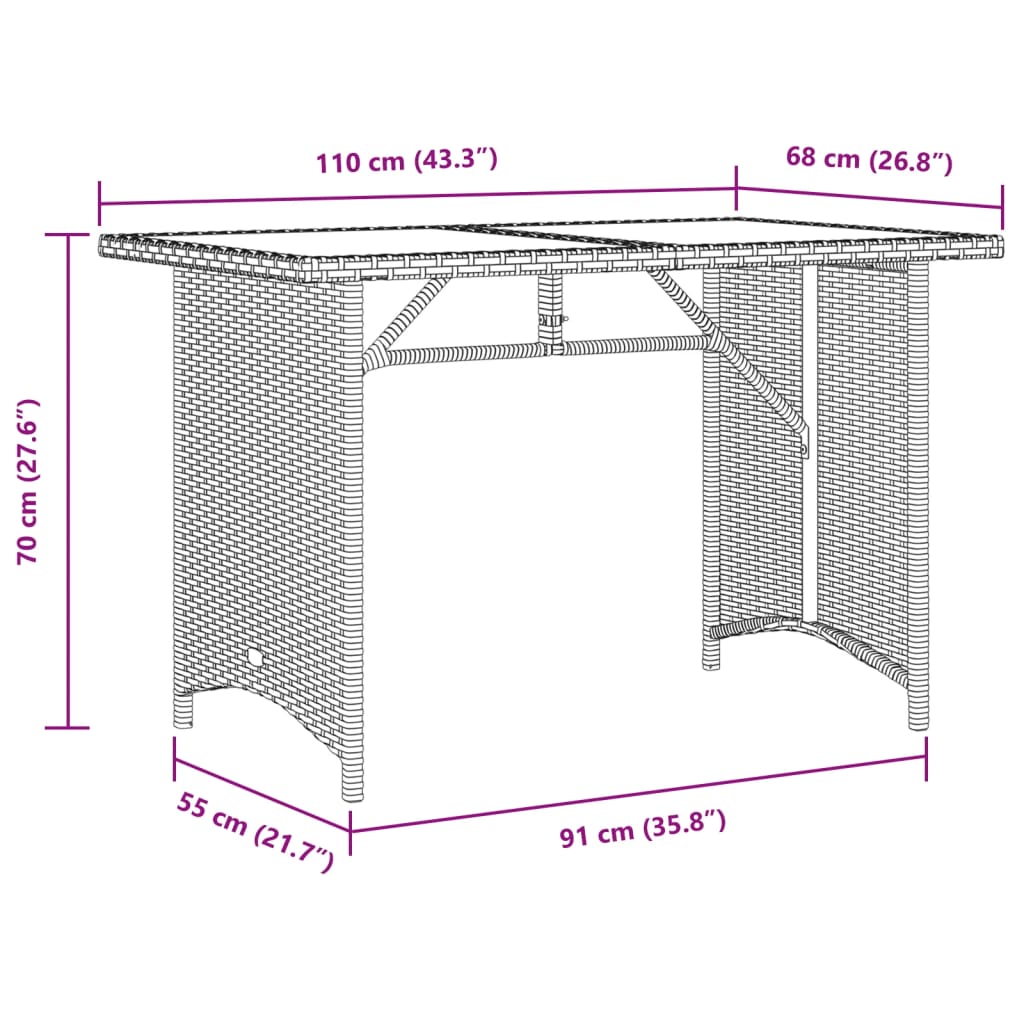 Tuintafel met houten blad 110x68x70 cm poly rattan zwart