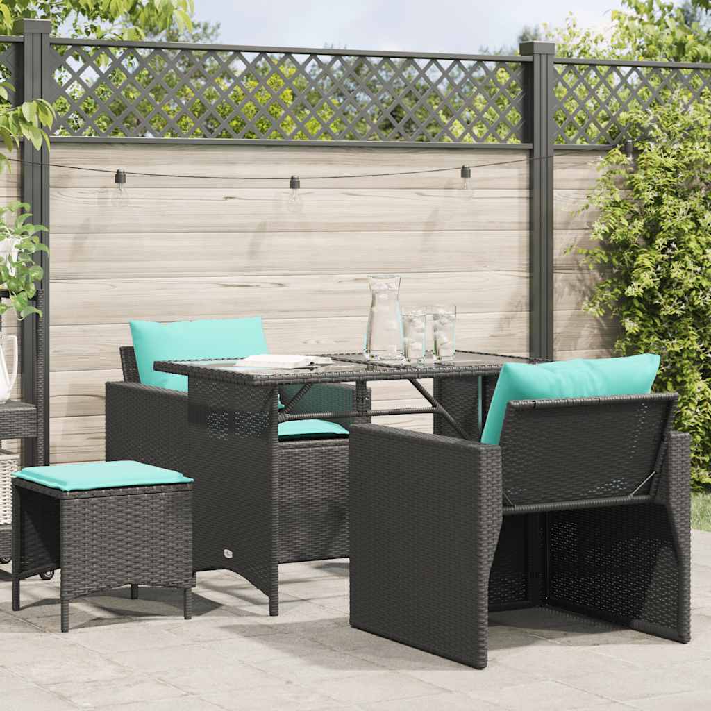 4-delige Loungeset met kussens poly rattan zwart