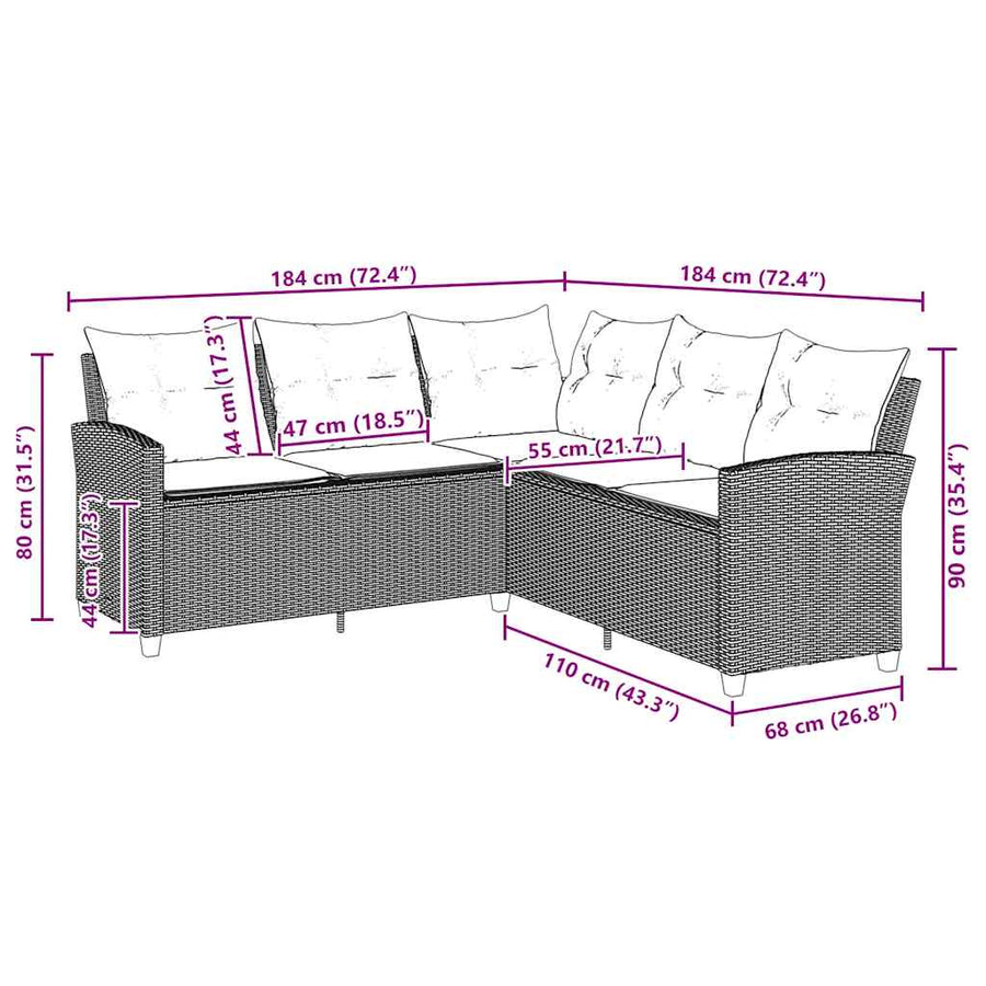 Loungebank met kussens L-vormig poly rattan zwart