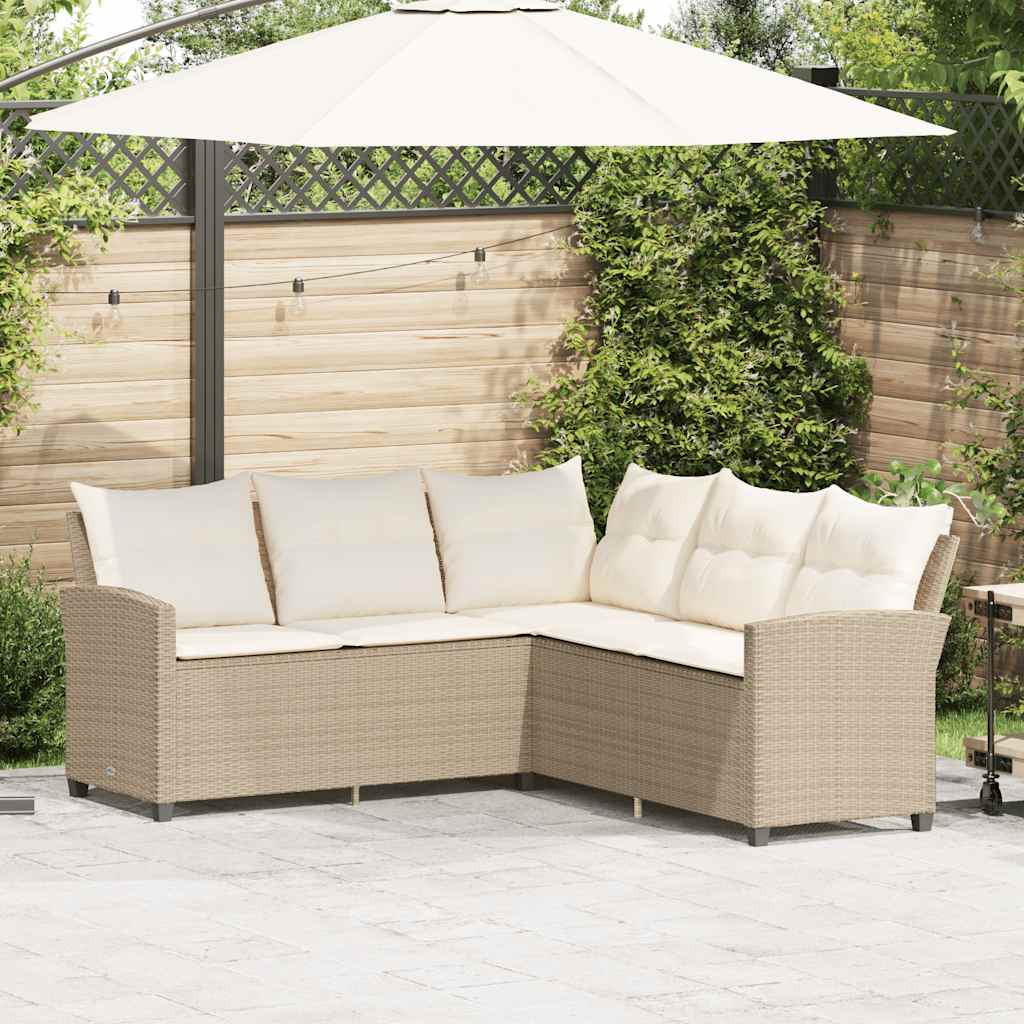 Loungebank Met Kussens L-Vormig Poly Rattan Beige 1 Crèmewit