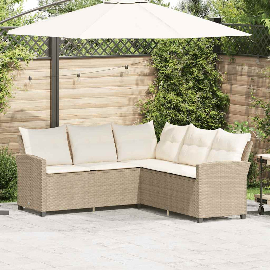 Loungebank Met Kussens L-Vormig Poly Rattan Beige 1 Crèmewit