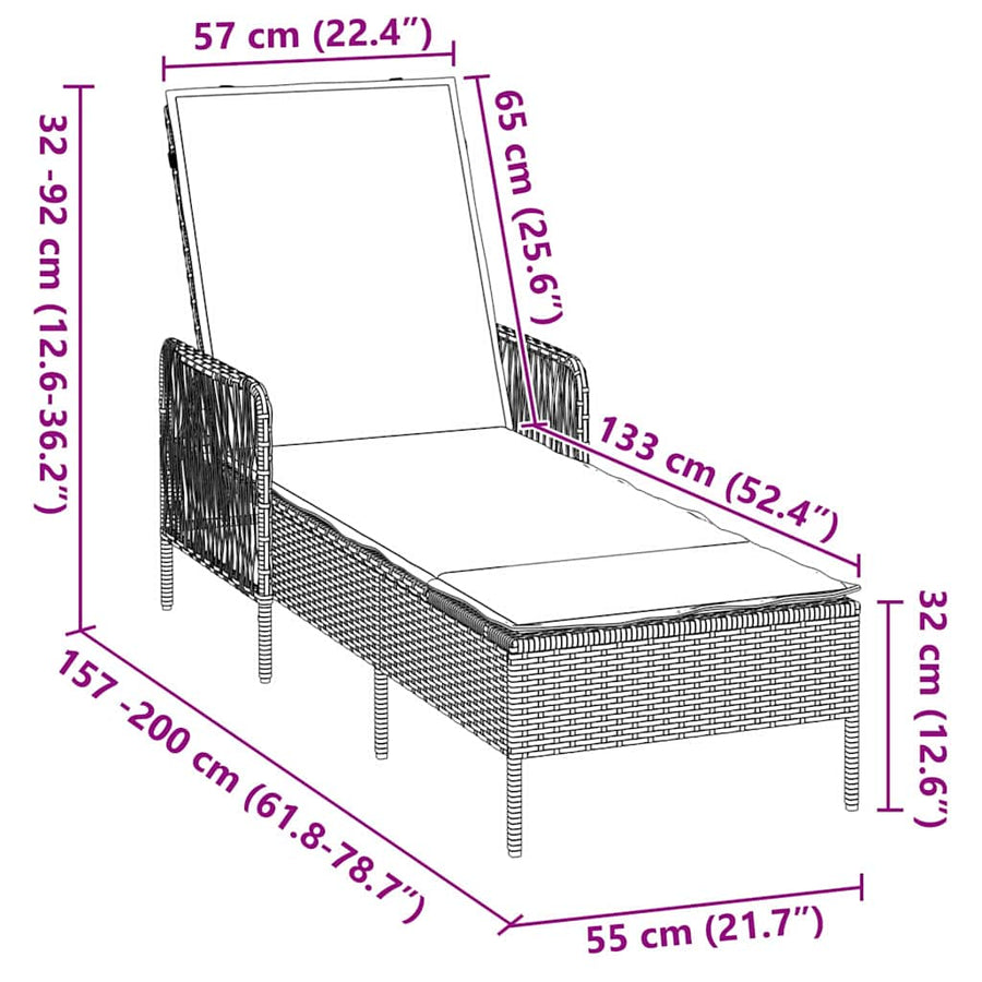 Ligstoel En Cream Wit 55 X 200 X 92 Cm Poly Rattan Zwart en crèmewit Ligbed