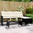 Loungebank L-vormig poly rattan zwart met tafel en kussens