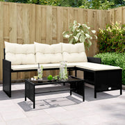 Loungebank L-vormig poly rattan zwart met tafel en kussens