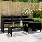 L-vormige tuinbank met tafel en kussens poly rattan zwart