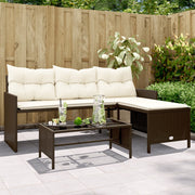 L-vormige loungeset poly rattan bruin met tafel en kussens