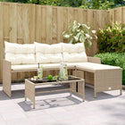 L-vormige tuinbank met tafel en kussens poly rattan beige 170x120x72,5 cm