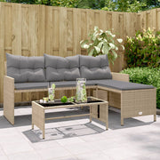 L-vormige loungebank poly rattan beige met tafel en kussens