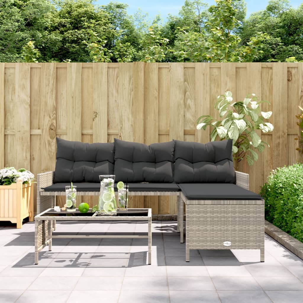 Tuinbank Met Tafel En Kussens L-Vormig Poly Rattan Lichtgrijs