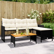 Loungebank poly rattan L-vormig zwart met tafel en kussens