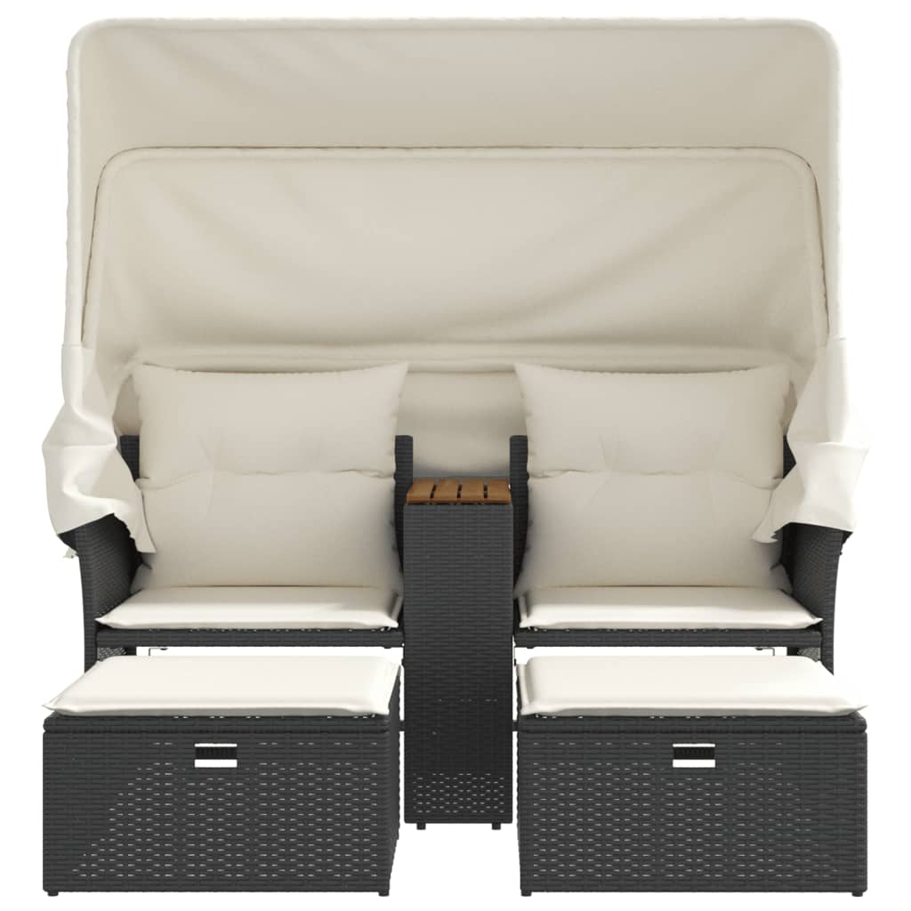 Tuinbank 2-Zits En Voetenbanken Poly Rattan Zwart met luifel