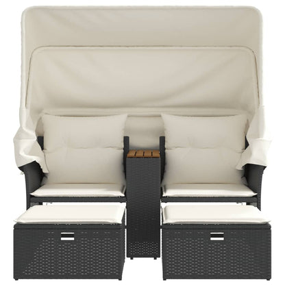 Tuinbank 2-Zits En Voetenbanken Poly Rattan Zwart met luifel