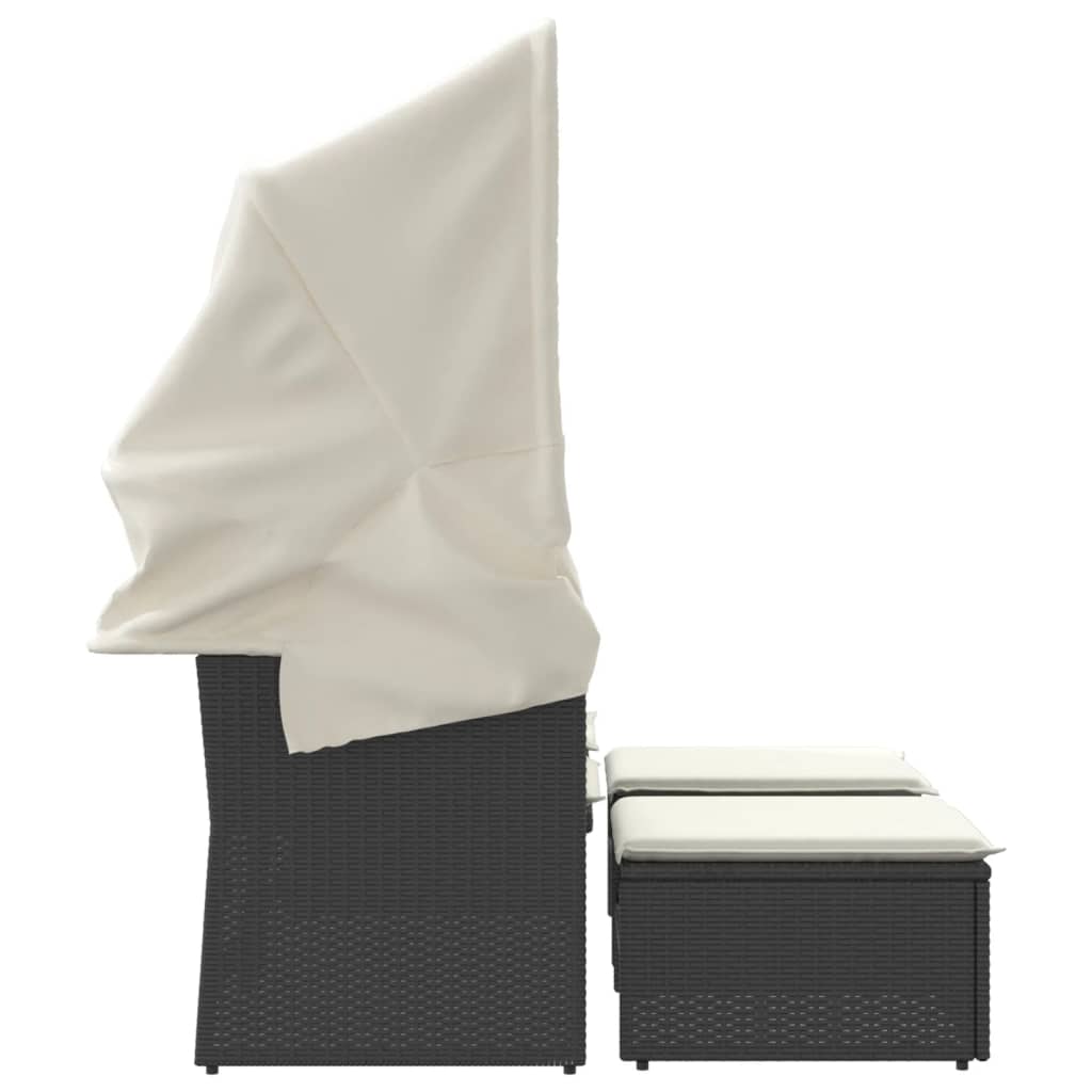 Tuinbank 2-Zits En Voetenbanken Poly Rattan Zwart met luifel
