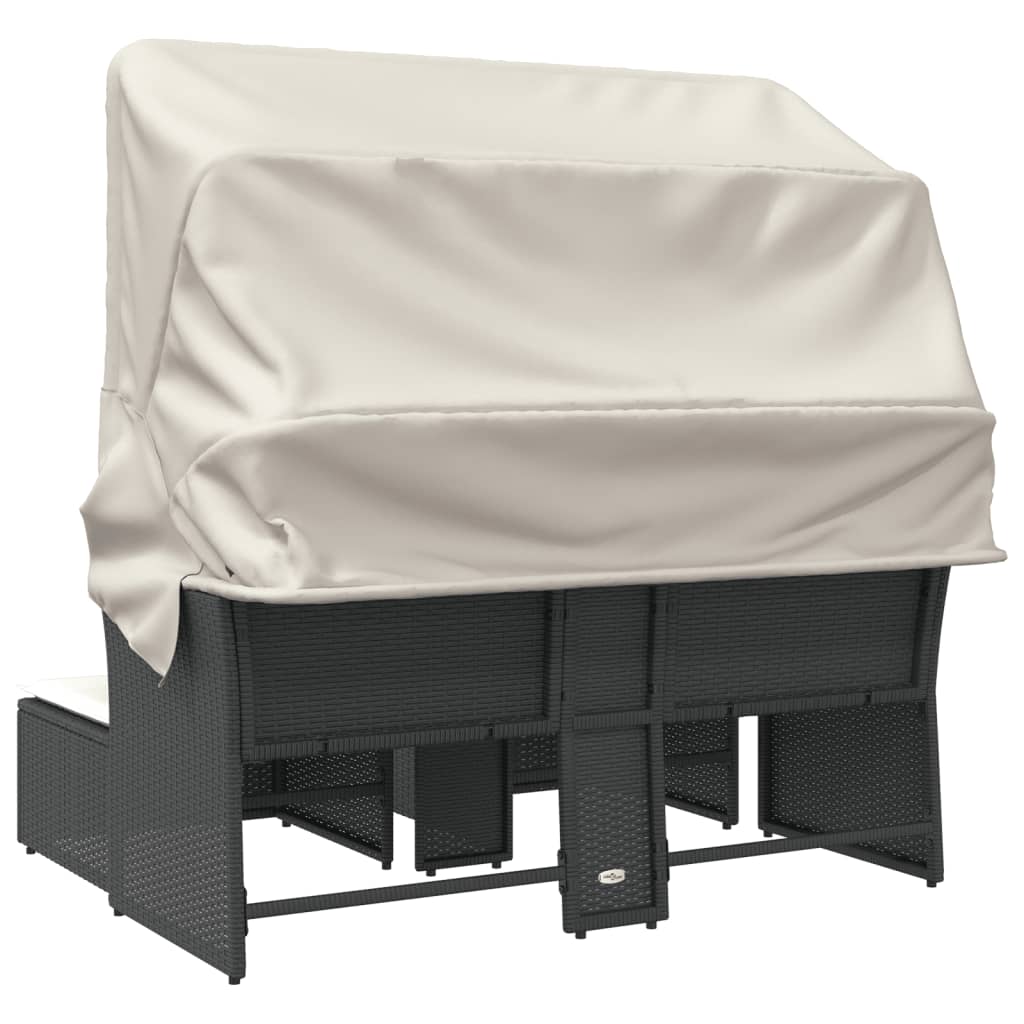 Tuinbank 2-Zits En Voetenbanken Poly Rattan Zwart met luifel