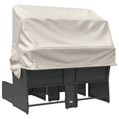 Tuinbank 2-Zits En Voetenbanken Poly Rattan Zwart met luifel