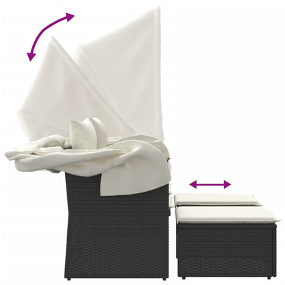 Tuinbank 2-Zits En Voetenbanken Poly Rattan Zwart met luifel