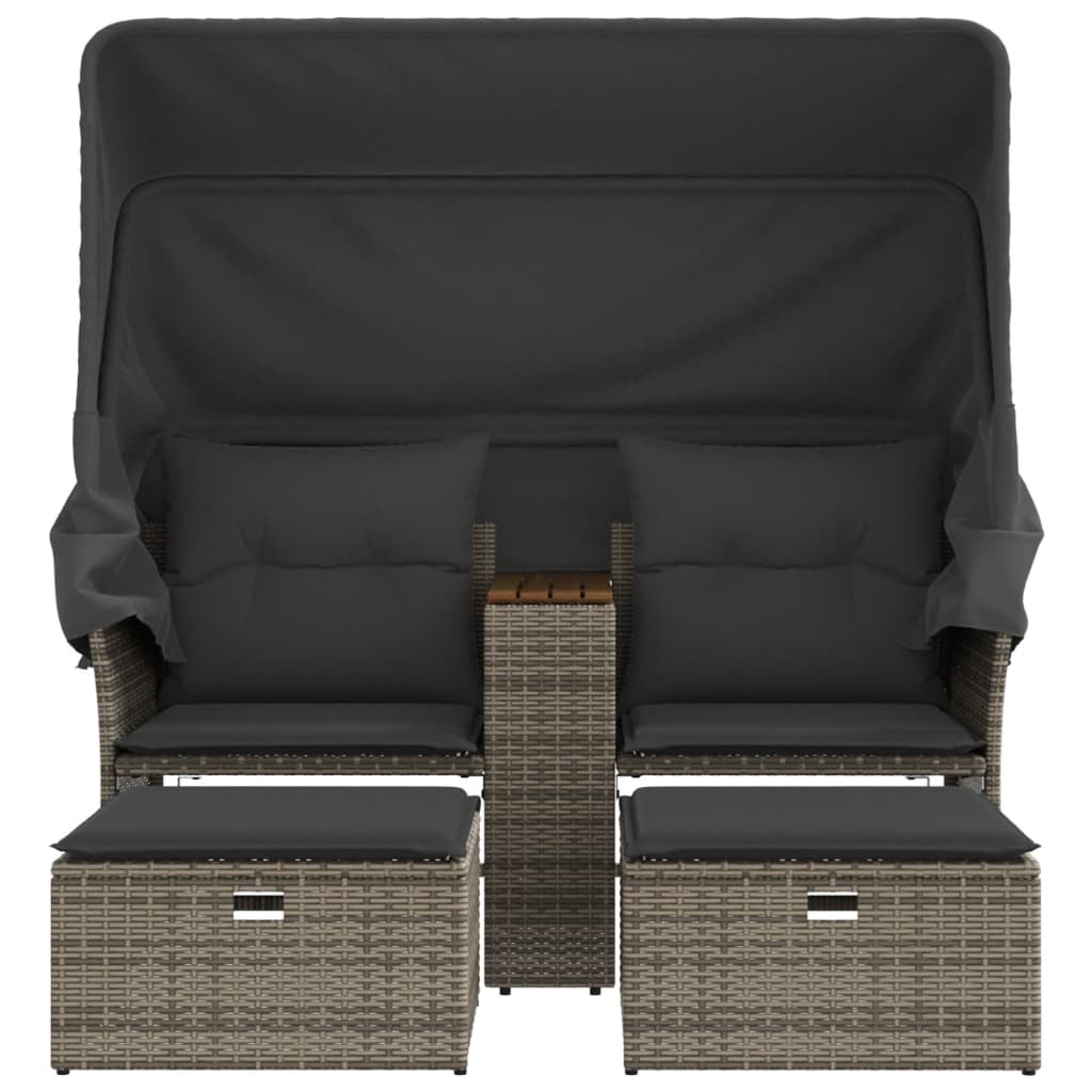 Tuinbank 2-Zits En Voetenbanken Poly Rattan Grijs met luifel