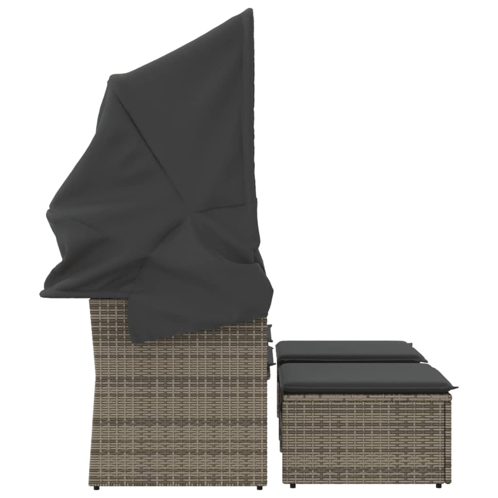 Tuinbank 2-Zits En Voetenbanken Poly Rattan Grijs met luifel