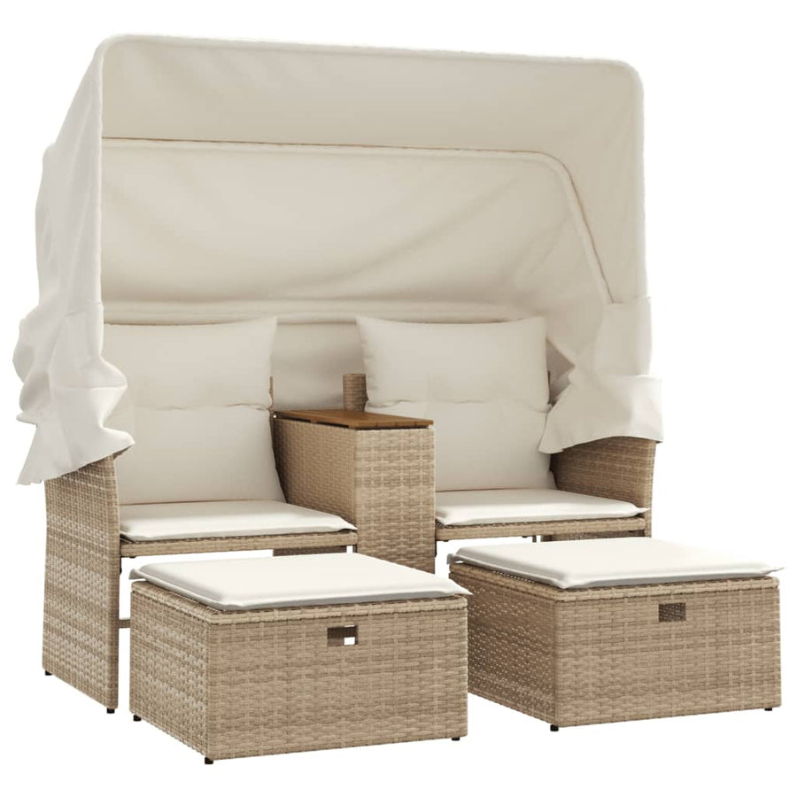 Tuinbank 2-Zits En Voetenbanken Poly Rattan Beige met luifel
