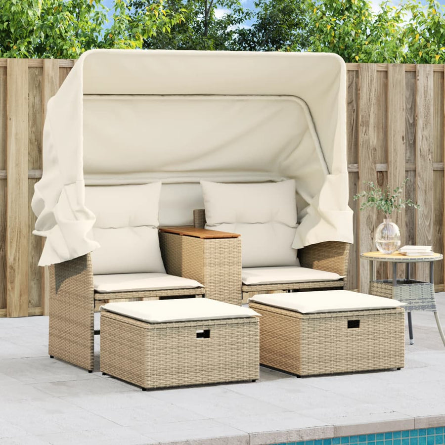 Tuinbank 2-Zits En Voetenbanken Poly Rattan Beige met luifel