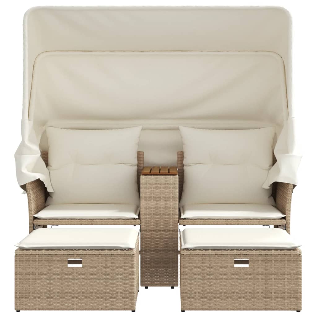 Tuinbank 2-Zits En Voetenbanken Poly Rattan Beige met luifel