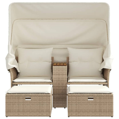Tuinbank 2-Zits En Voetenbanken Poly Rattan Beige met luifel