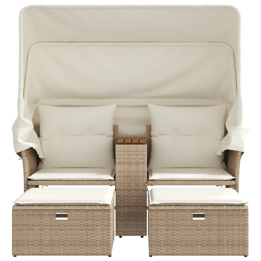 Tuinbank 2-Zits En Voetenbanken Poly Rattan Beige met luifel