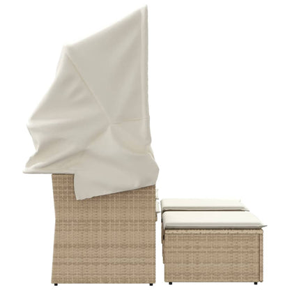 Tuinbank 2-Zits En Voetenbanken Poly Rattan Beige met luifel